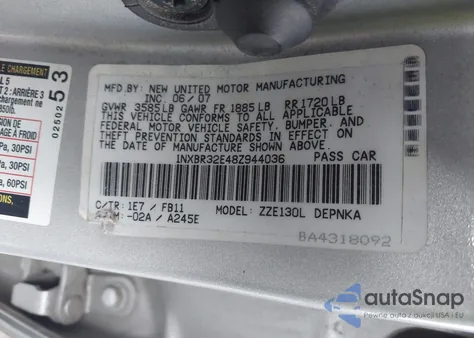 2008 Toyota Corolla Le from USA, damaged, VIN 1NXBR32E48Z944036